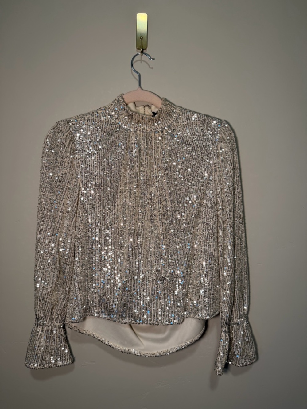 STATE Sequined draped back, high neck top in Champagne Gold/silver